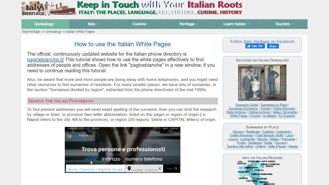 Surname research through white pages in Italy